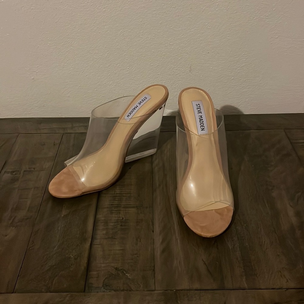 Steve Madden GUC open toe clear heeled wedges